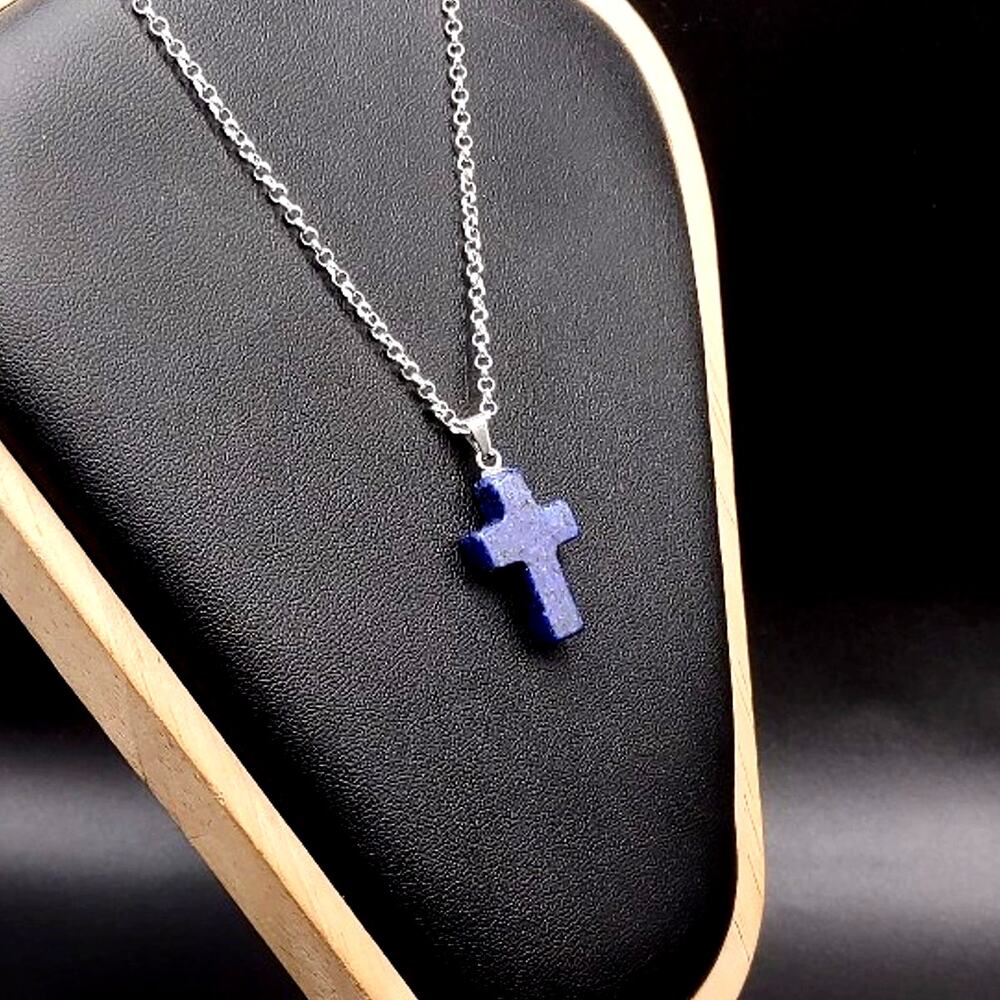925 Silver Necklace W/ Blue Agate Cross Stone Boho Anniversary Birthday Gift